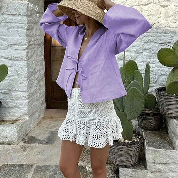 Purple Casual Women's Tie Front Flounce Sleeve Blouse - Picture 5 of 5